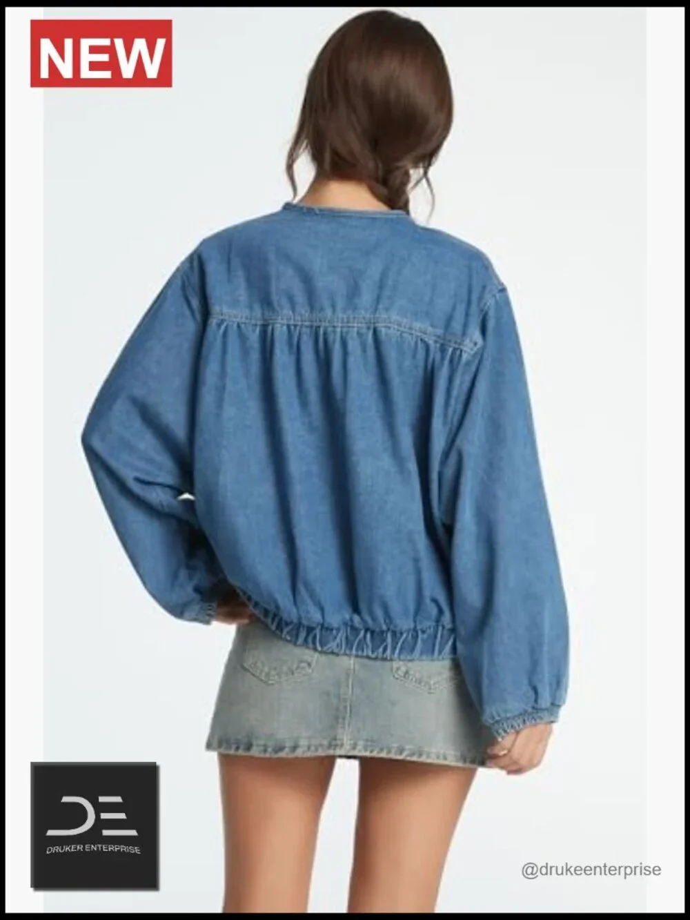 Women Denim Bomber Jacket Collarless Cropped Zip Jean Shirt Jacket Pockets